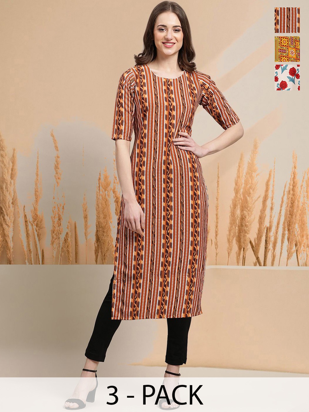 

7Threads Selection Of 3 Abstract Printed Round Neck Straight Kurtas, Brown