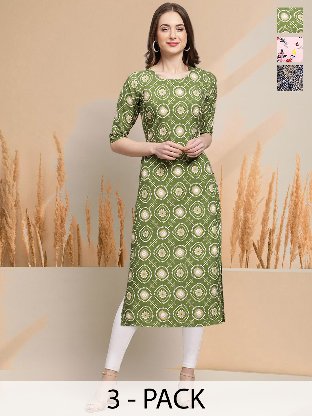 

7Threads Selection Of 3 Floral Printed Round Neck Straight Kurtas, Green