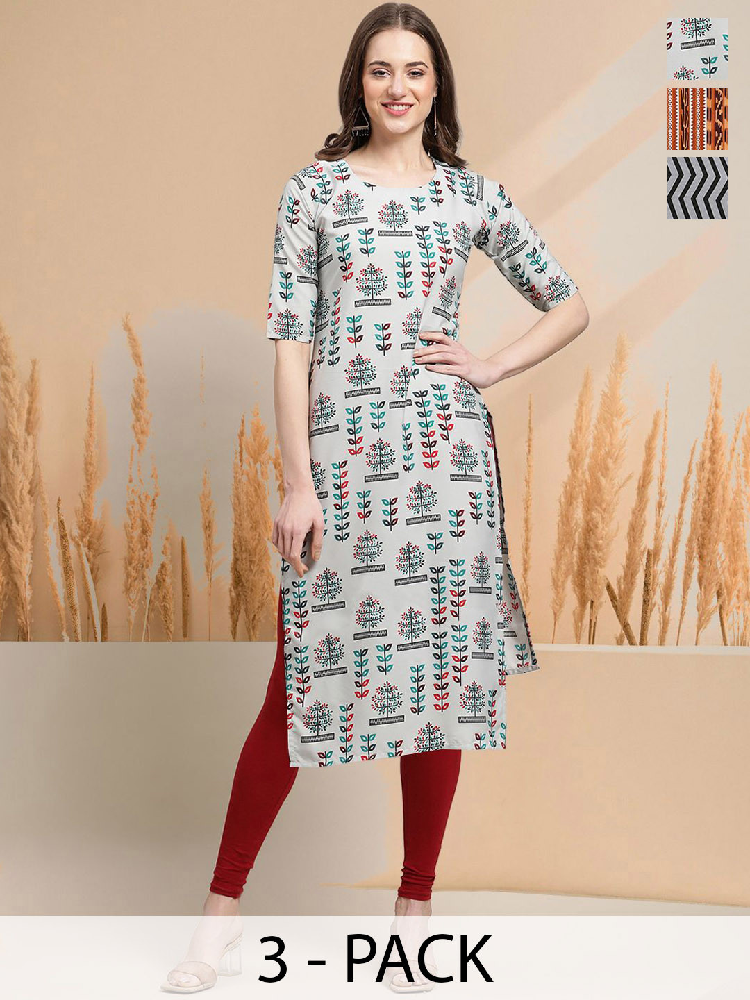 

7Threads Selection Of 3 Floral Printed Round Neck Straight Kurtas, White