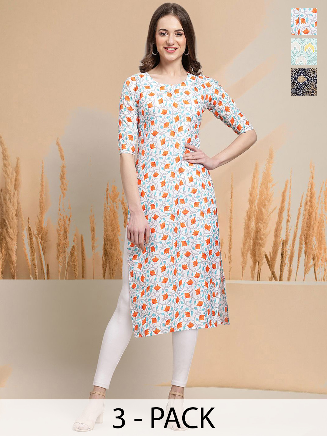 

7Threads Selection of 3 Floral Printed Round Neck Straight Kurtas, White