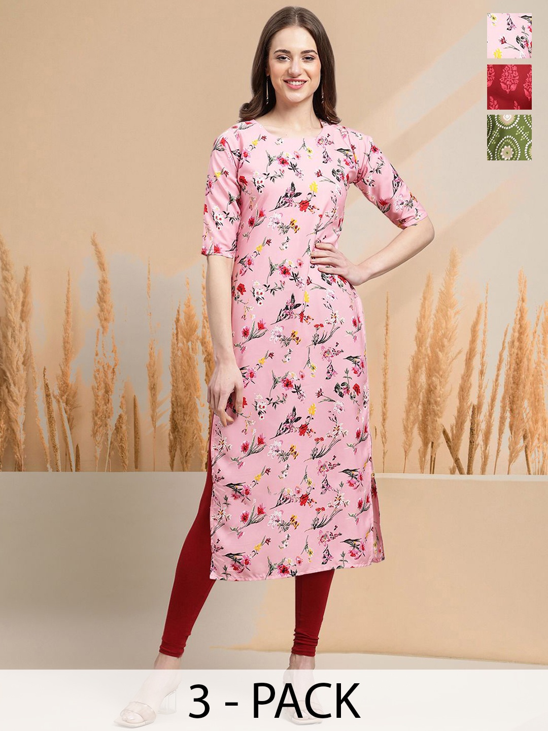 

7Threads Selection of 3 Floral Printed Round Neck Straight Kurtas, Pink
