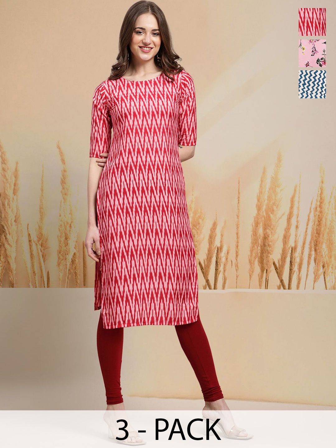 

7Threads Selection Of 3 Chevron Printed Round Neck Straight Kurtas, Pink