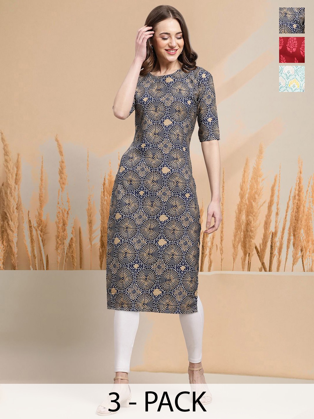 

7Threads Selection Of 3 Ethnic Motifs Printed Round Neck Straight Kurtas, Beige