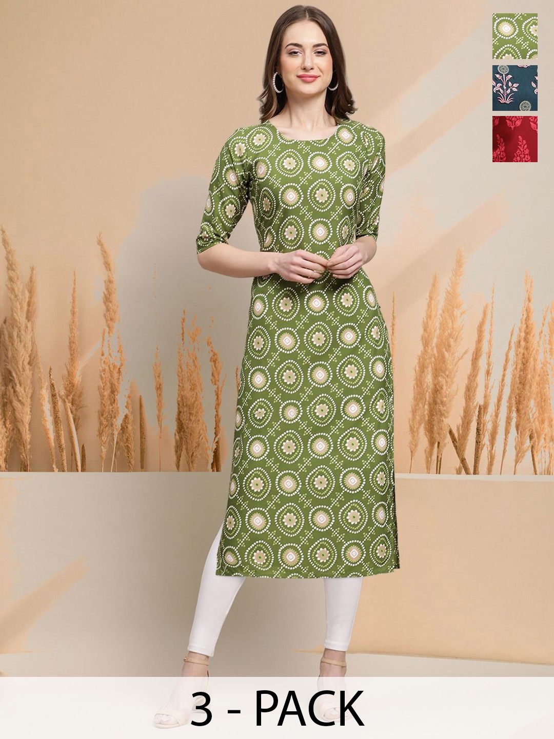 

7Threads Selection Of 3 Ethnic motifs Printed Round Neck Straight Kurtas, Green