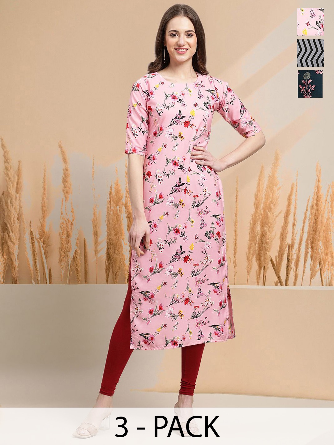 

7Threads Selection Of 3 Floral Printed Straight Kurtas, Pink