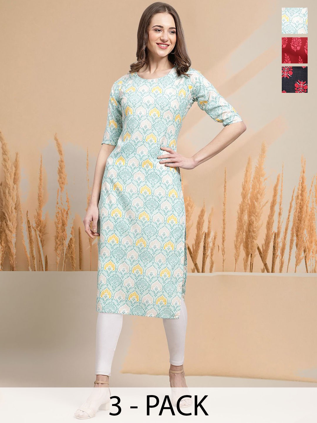 

7Threads Selection Of 3 Ethnic Motifs Printed Neck Straight Kurtas, Blue