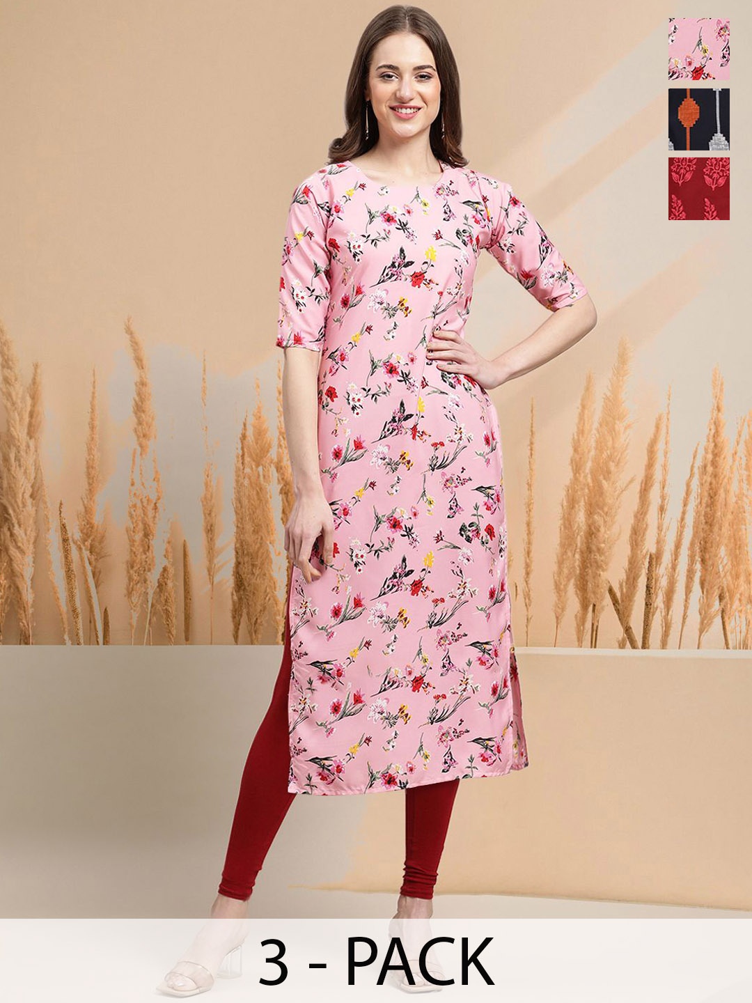 

7Threads Selection Of 3 Printed Round Neck Straight Kurtas, Pink