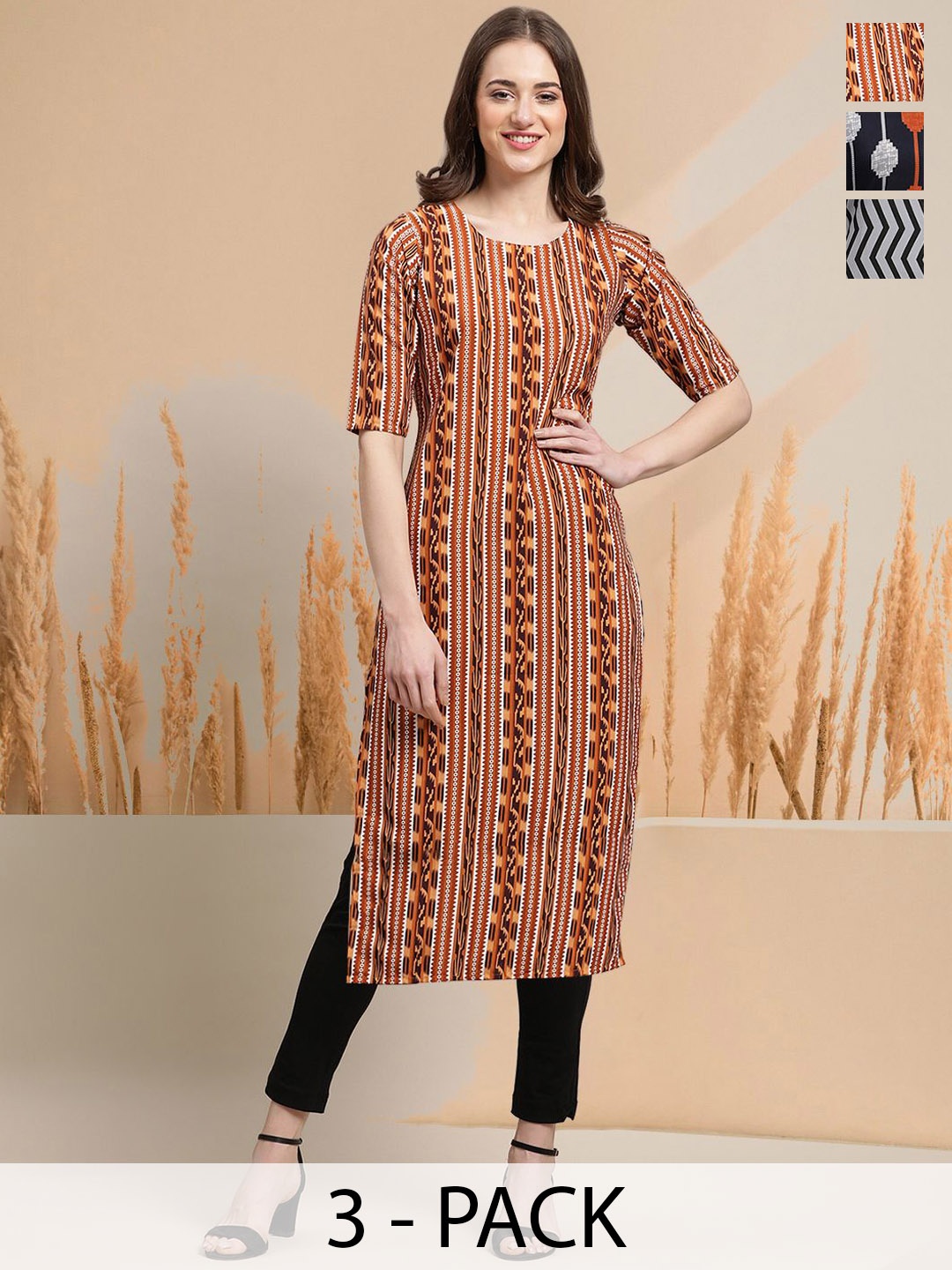 

7Threads Selection Of 3 Geometric Printed Round Neck Kurtas, Brown