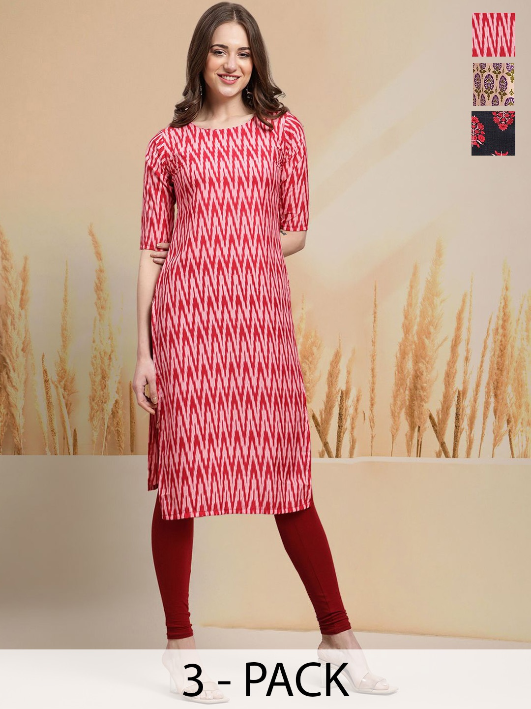 

7Threads Selection Of 3 Chevron Printed Round Neck Straight Kurtas, Red