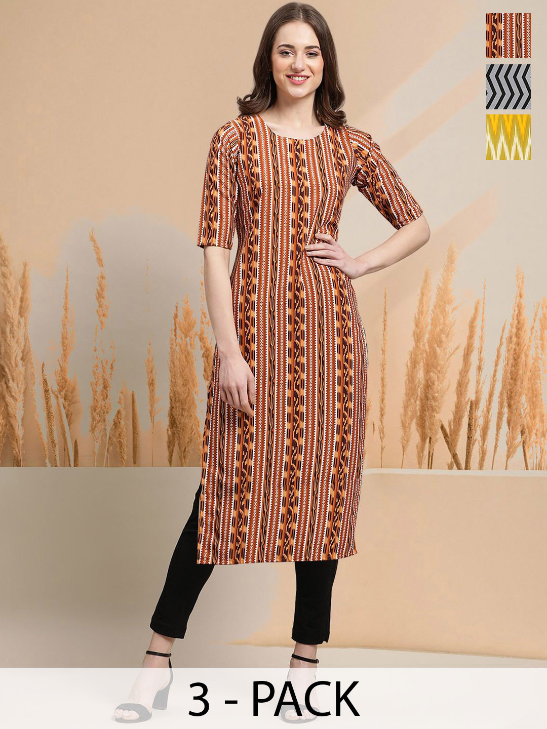 

7Threads Selection Of 3 Geometric Printed Round Neck Straight Kurtas, Brown