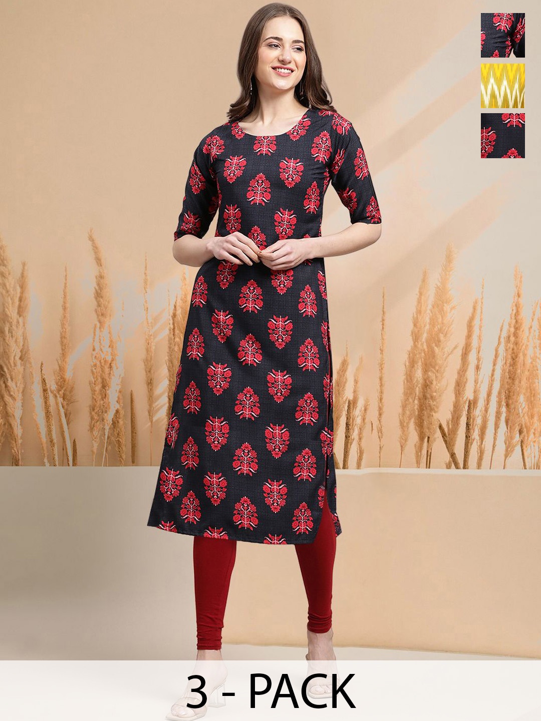 

7Threads Selection Of 3 Ethnic Motifs Printed Round Neck Straight Kurtas, Black