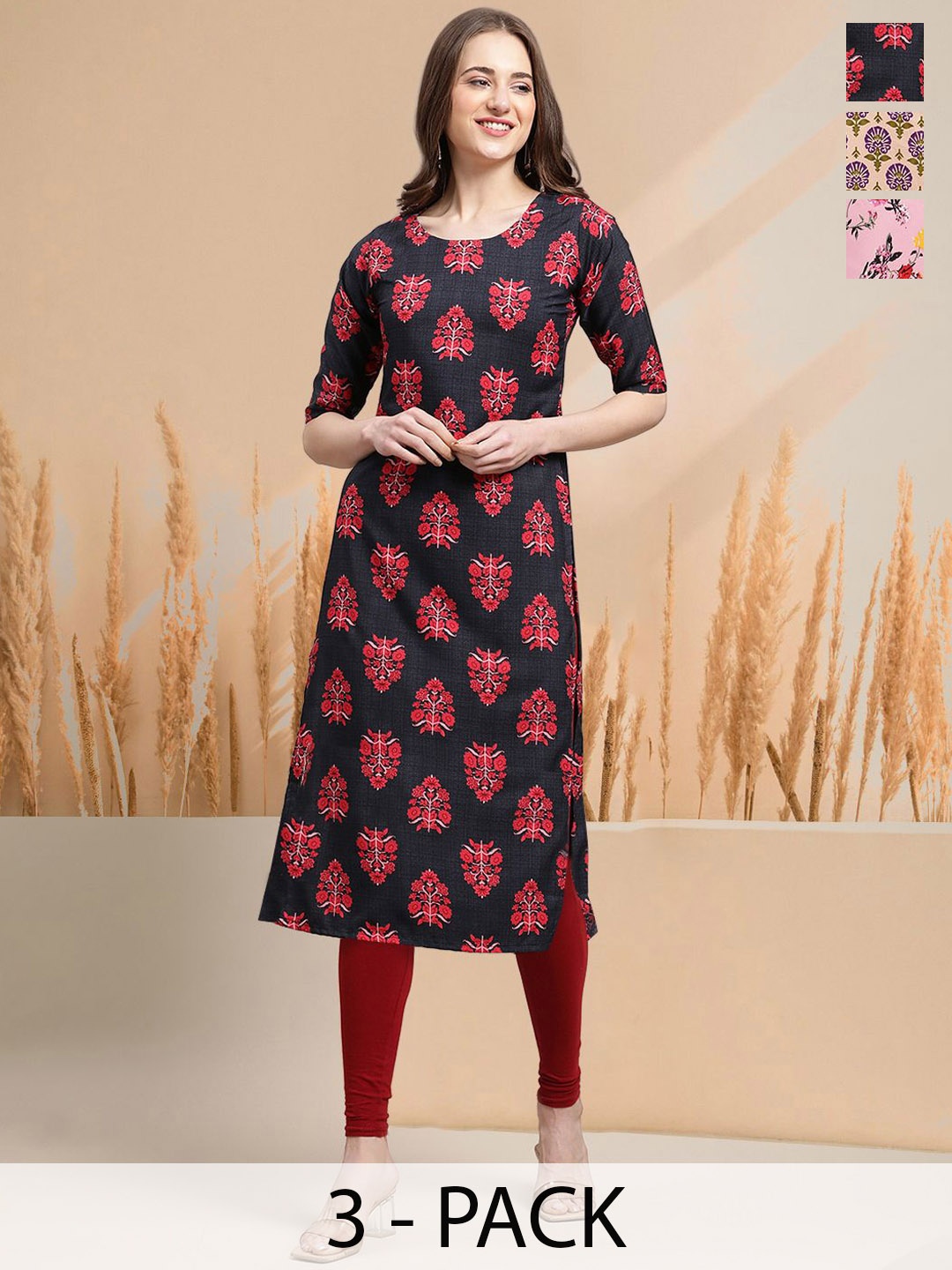 

7Threads Selection Of 3 Floral Printed Round Neck Straight Kurtas, Navy blue