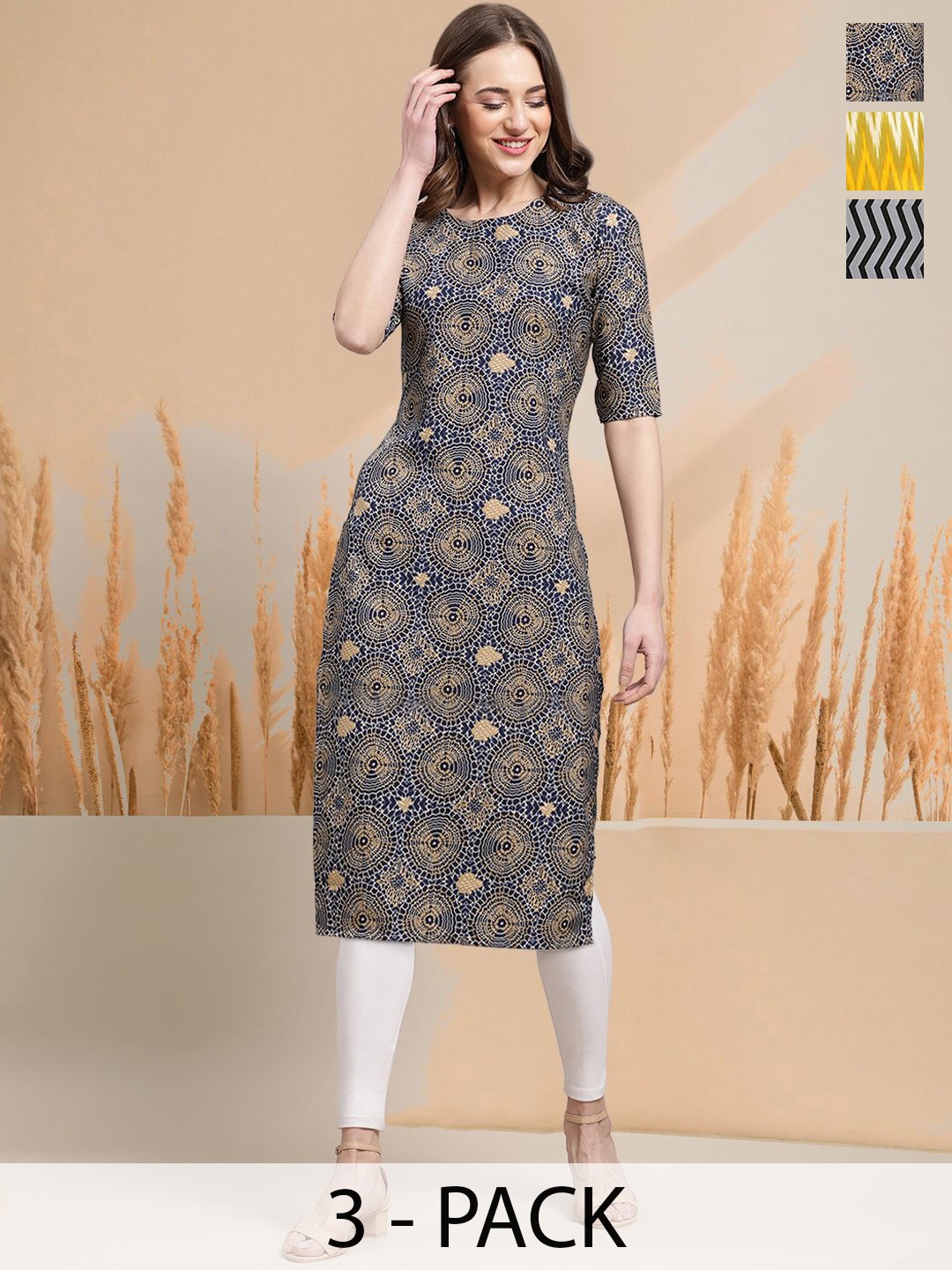

7Threads Selection of 3 Geometric Printed Round Neck Straight Kurtas, Grey