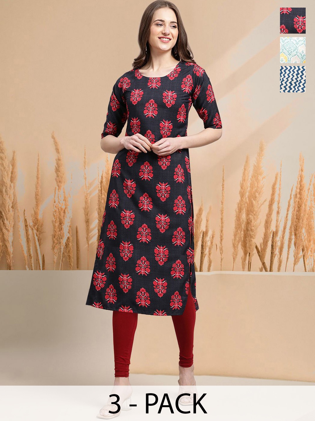 7Threads Selection of 3 Floral Printed Round Neck Straight Kurtas, Red