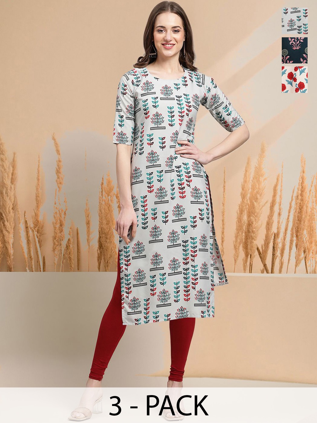 

7Threads Selection Of 3 Floral Printed Round Neck Straight Kurtas, Grey