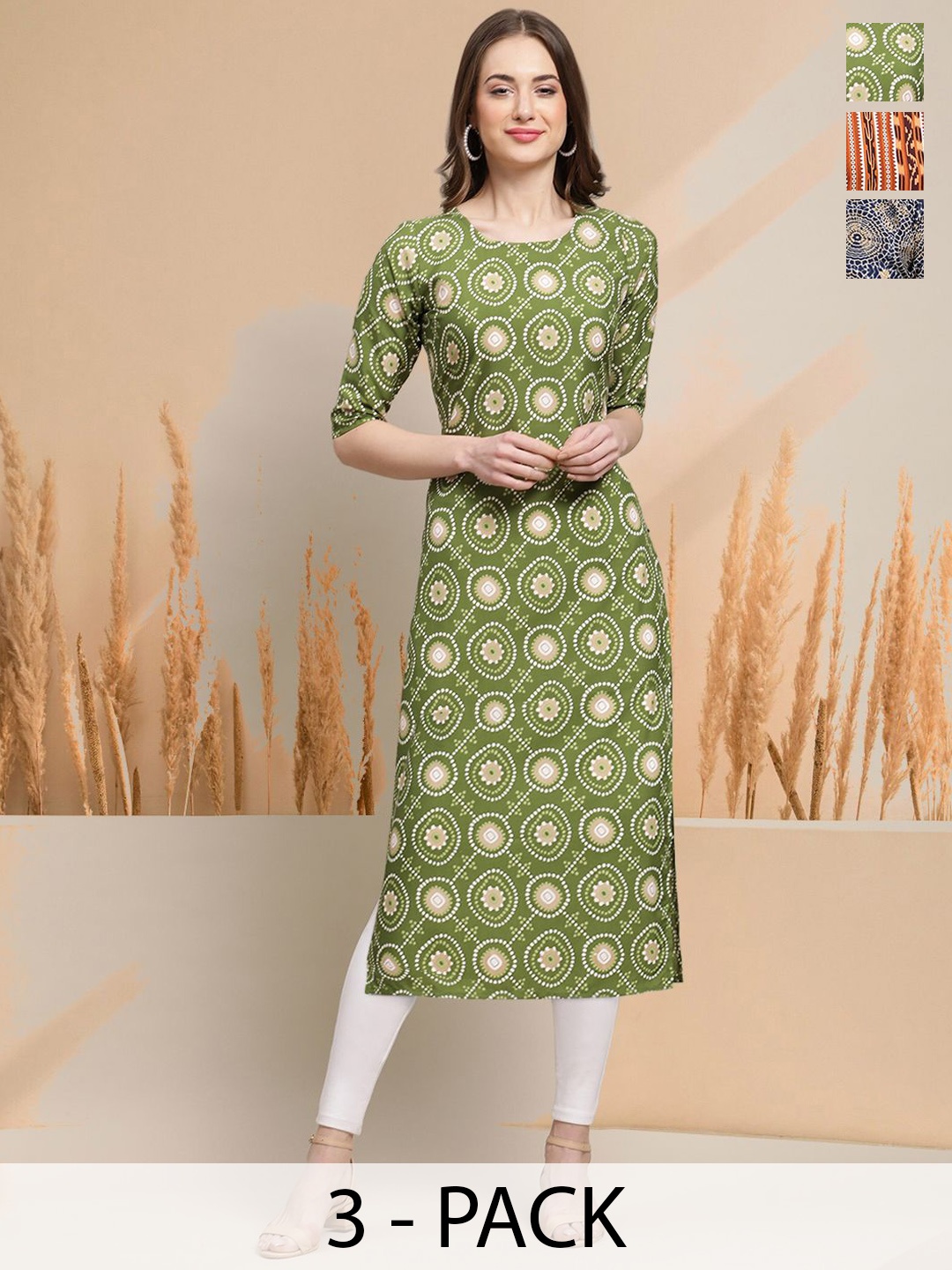 

7Threads Selection of 3 Geometric Printed Round Neck Straight Kurtas, Green