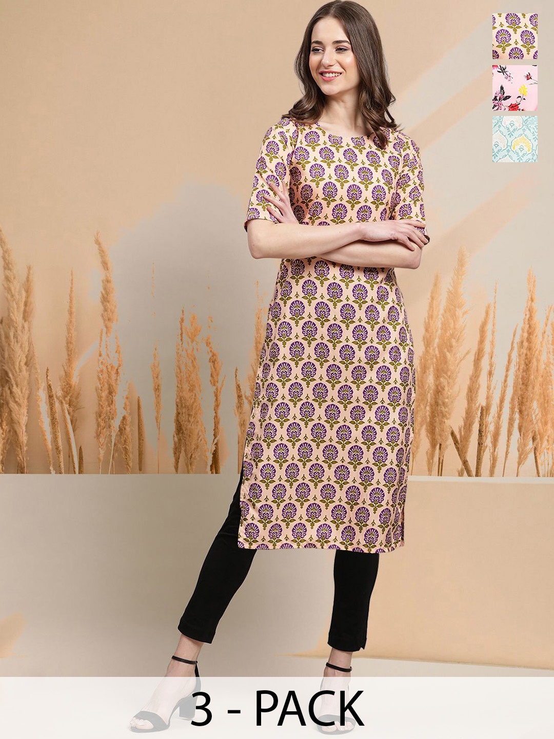 

7Threads Selection Of 3 Ethnic Motifs Printed Round Neck Straight Kurtas, Cream