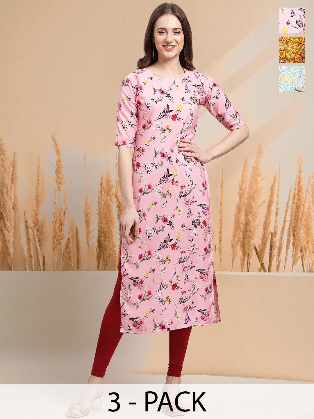 

7Threads Selection Of 3 Floral Printed Round Neck Kurtas, Pink