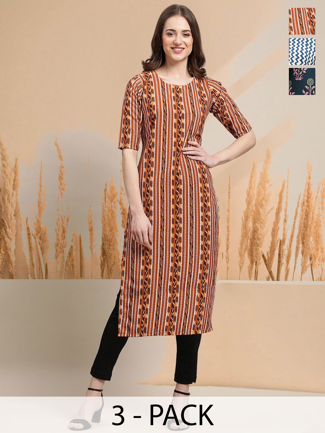 

7Threads Selection of 3 Geometric Printed Round Neck Straight Kurtas, Maroon