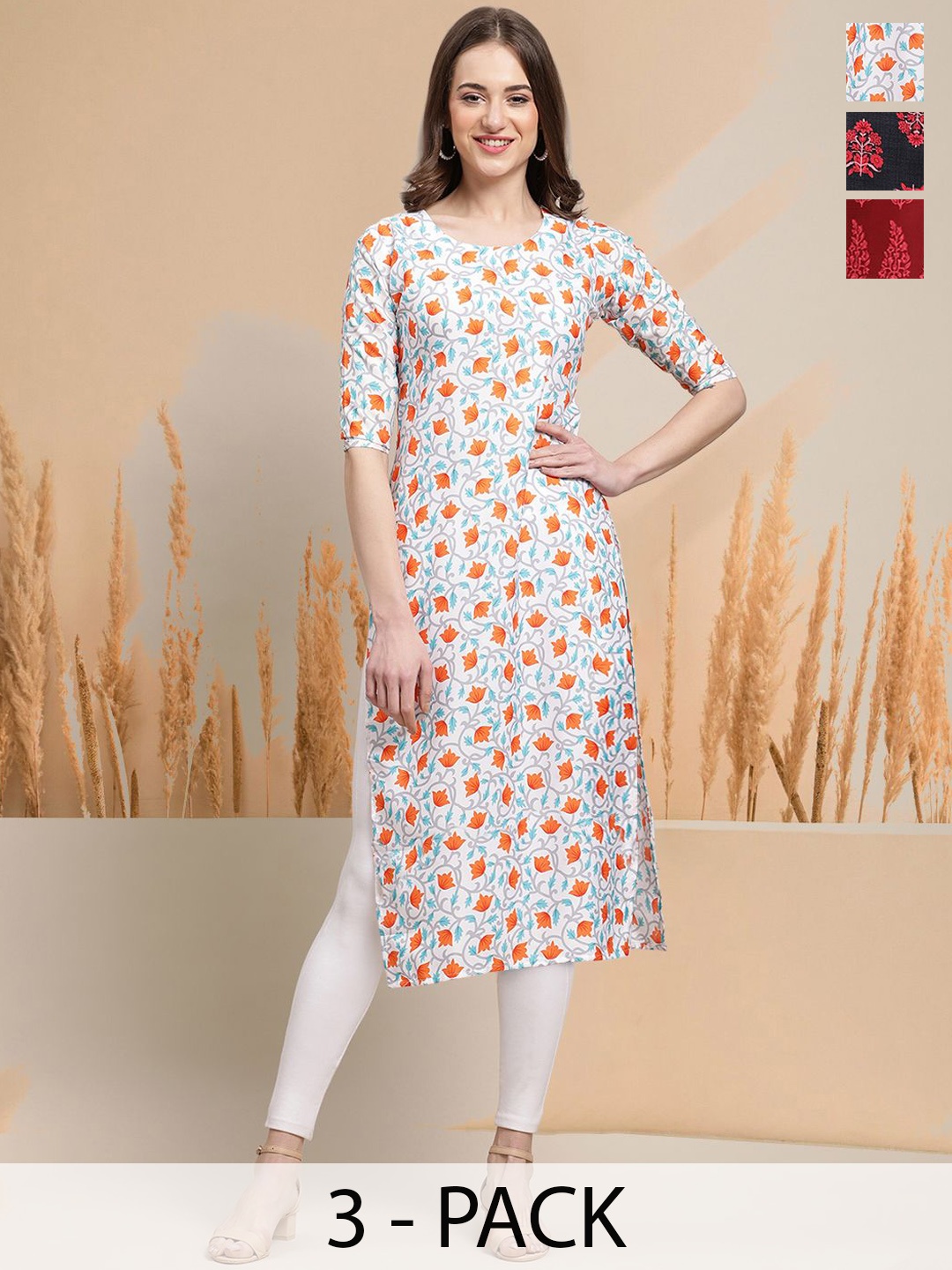 

7Threads Selection of 3 Floral Printed Round Neck Straight Kurtas, White