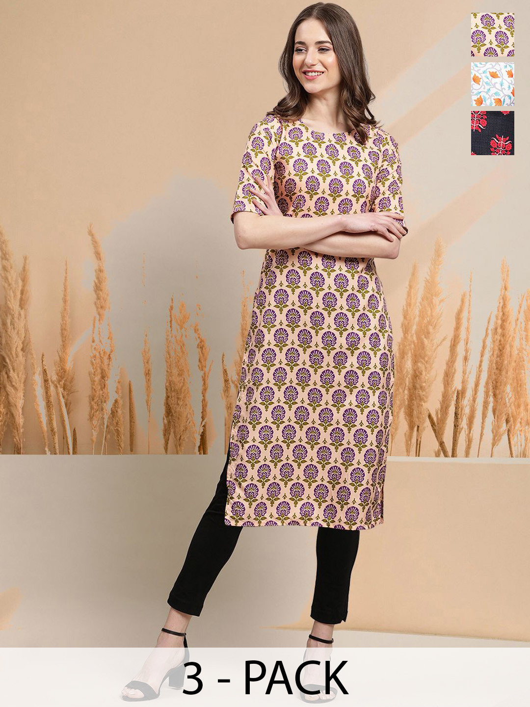 

7Threads Selection Of 3 Ethnic Motifs Printed Round Neck Straight Kurtas, Pink