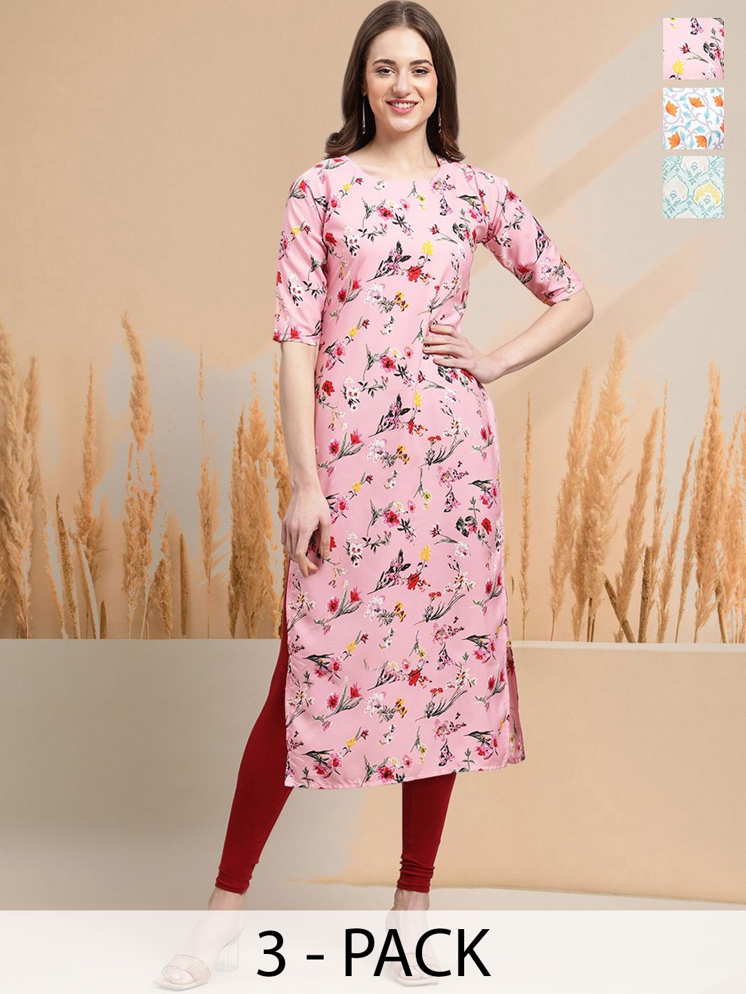 

7Threads Selection Of 3 Floral Printed Round Neck Kurtas, Pink