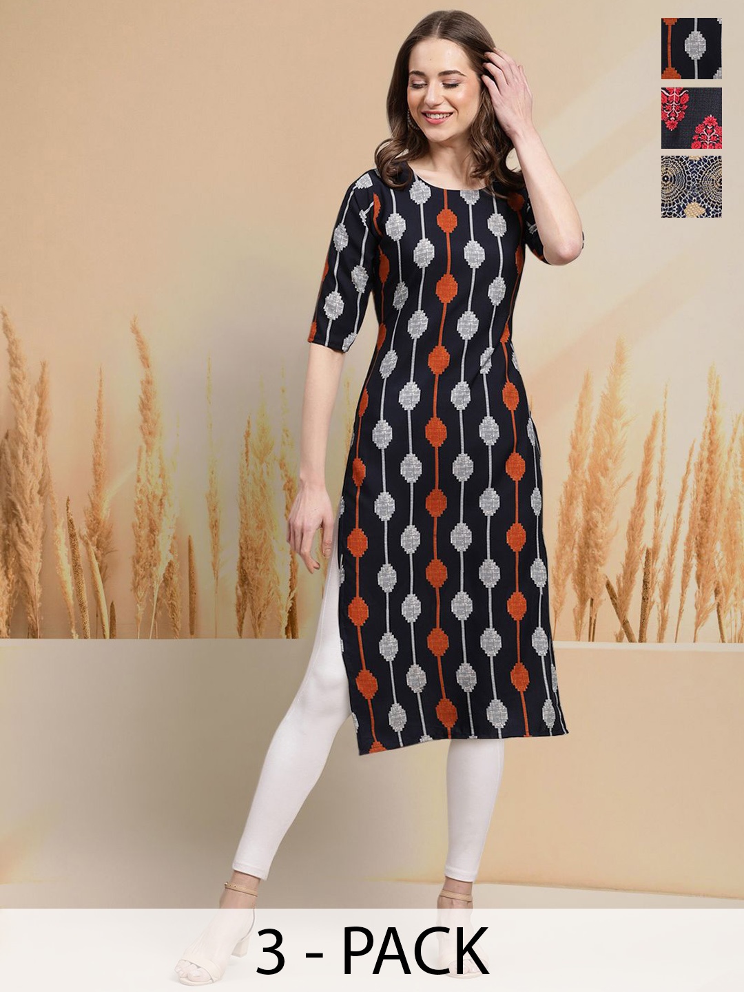 

7Threads Selection of 3 Geometric Printed Round Neck Straight Kurtas, Black