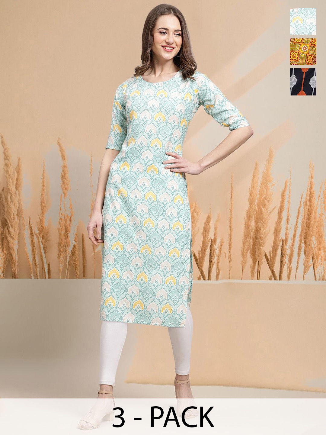 7Threads Selection Of 3 Ethnic Motifs Printed Round Neck Straight Kurtas, Blue