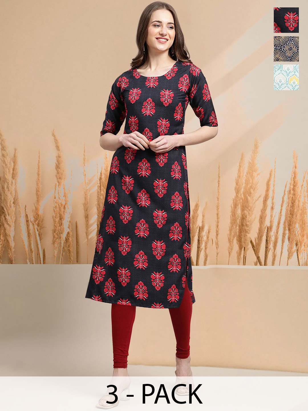 

7Threads Selection Of 3 Floral Printed Round Neck Straight Kurtas, Navy blue
