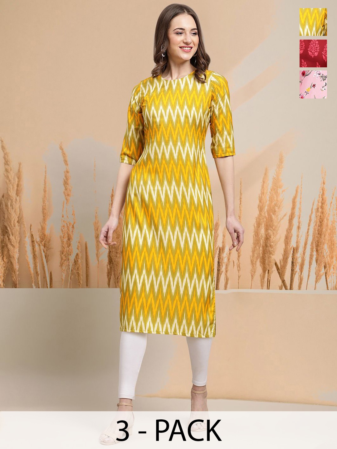 

7Threads Selection Of 3 Chevron Printed Round Neck Straight Kurtas, Mustard