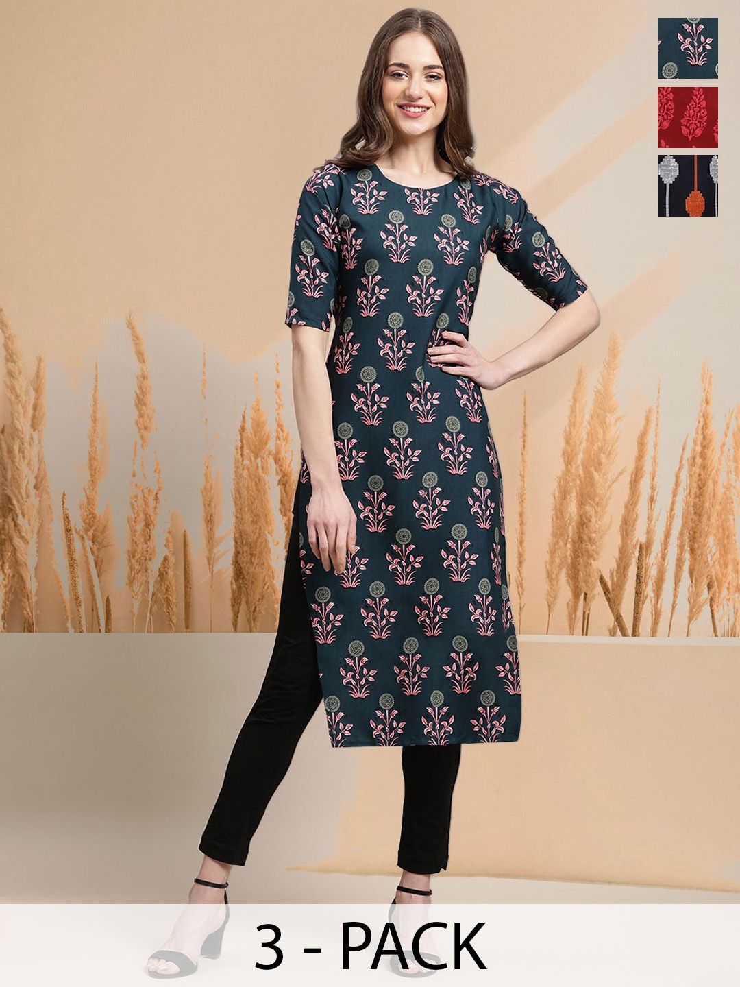 

7Threads Selection of 3 Floral Printed Round Neck Straight Kurtas, Green