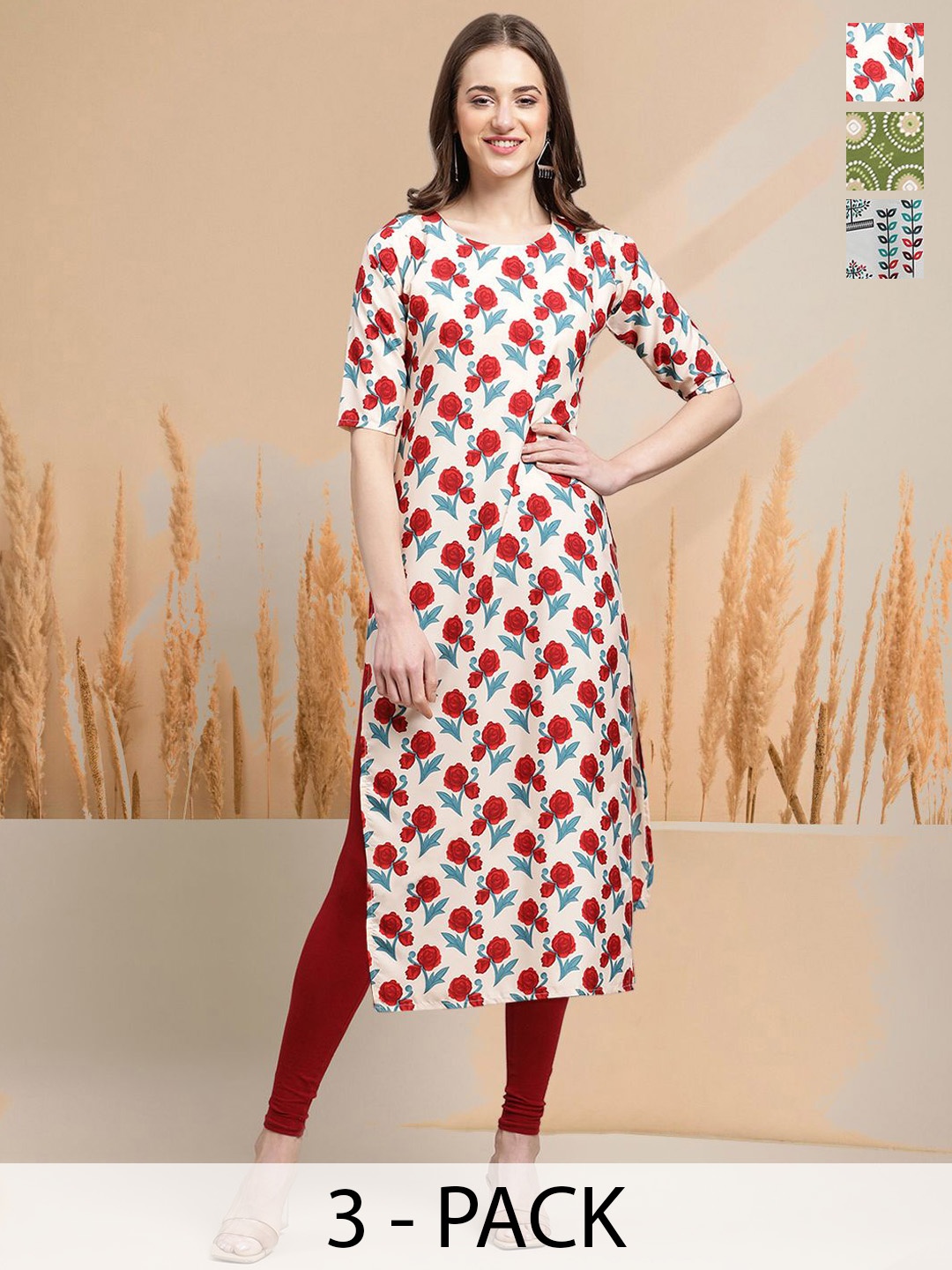 

7Threads Selection Of 3 Floral Printed Round Neck Kurta, White