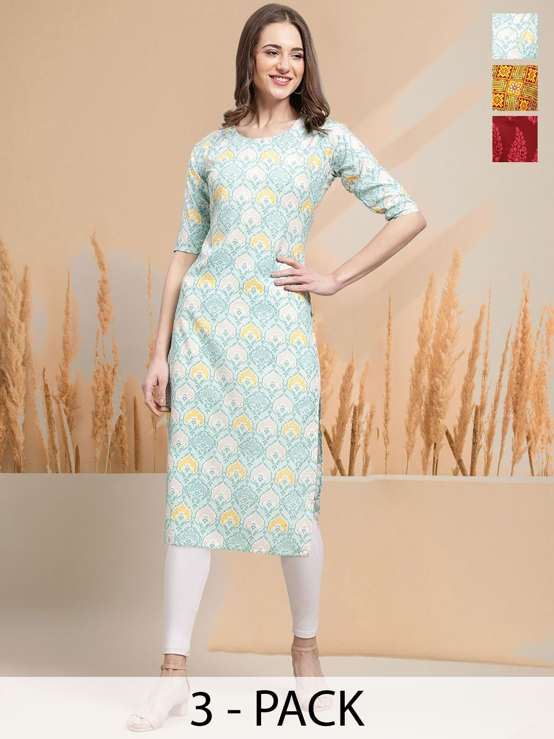 

7Threads Selection Of 3 Ethnic Motifs Printed Round Neck Straight Kurtas, Blue