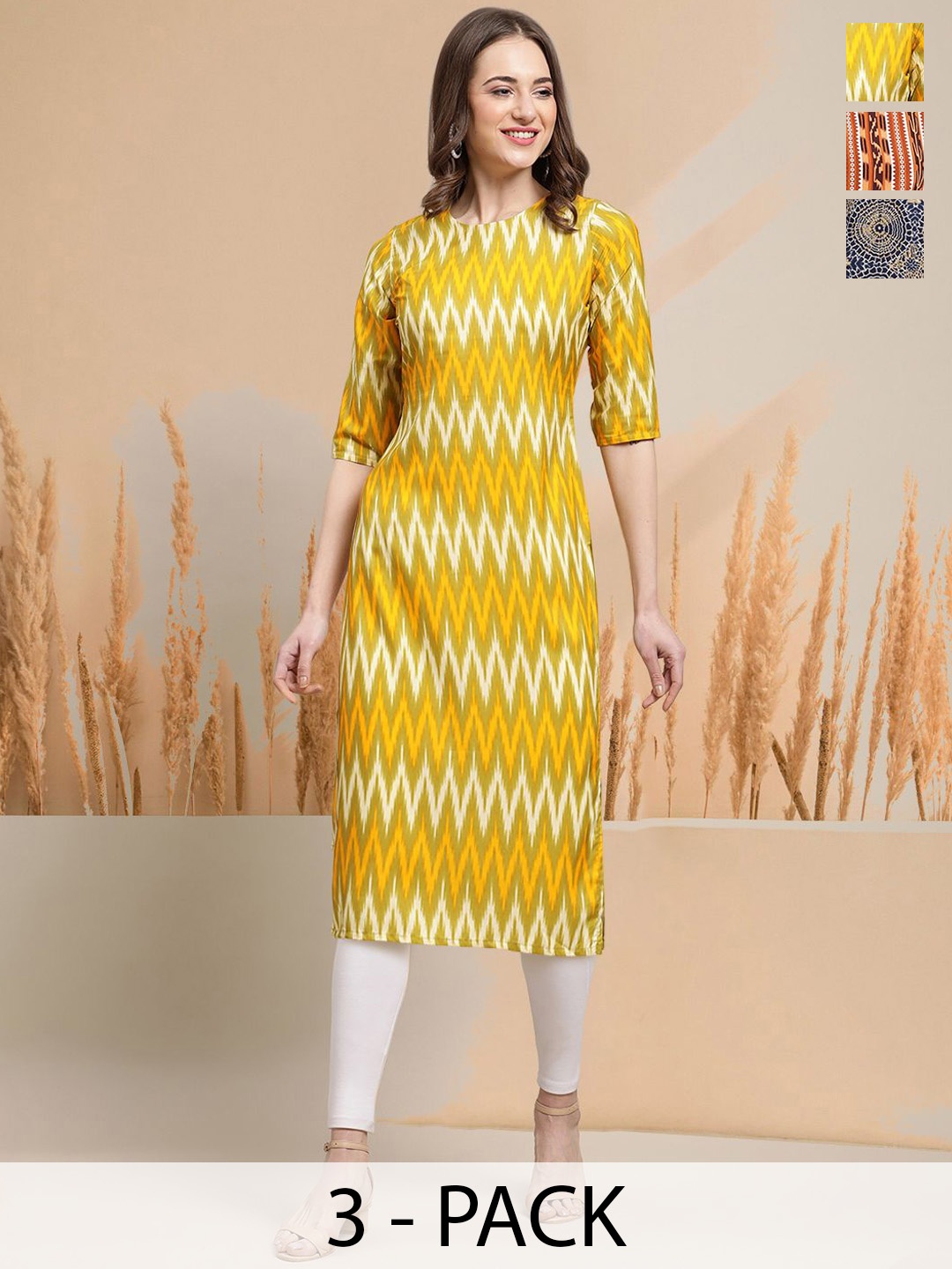 

7Threads Selection of 3 Chevron Printed Round Neck Straight Kurtas, Yellow