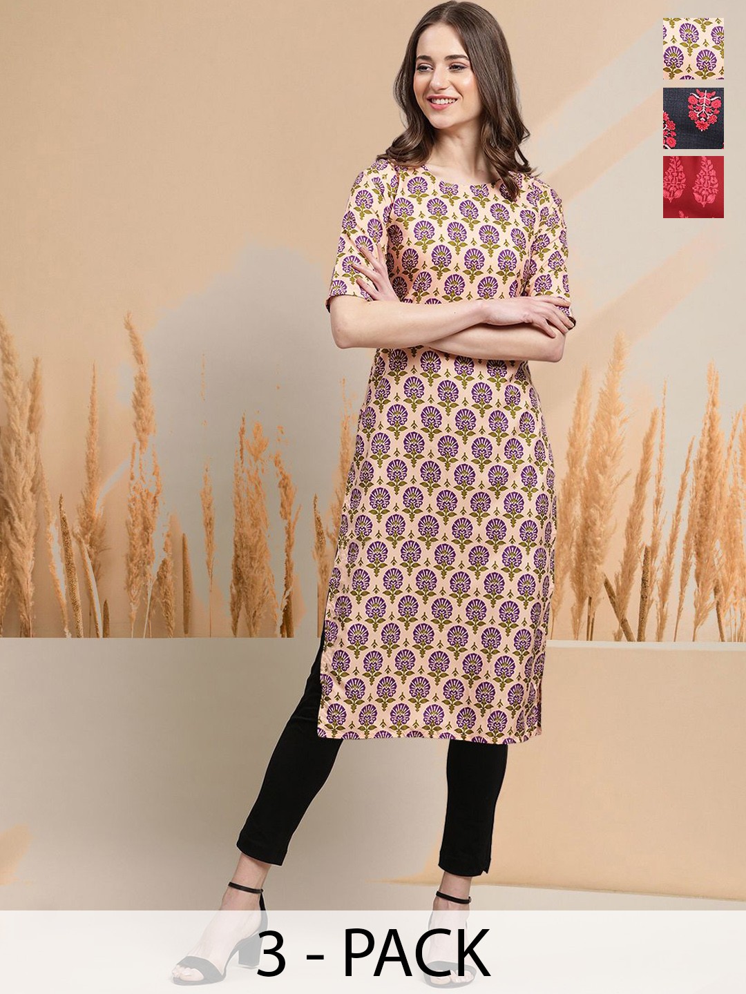 

7Threads Selection Of 3 Floral Printed Round Neck Straight Kurtas, Beige