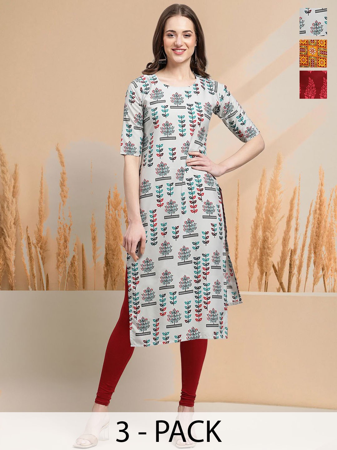 

7Threads Selection of 3 Floral Printed Round Neck Straight Kurtas, Blue