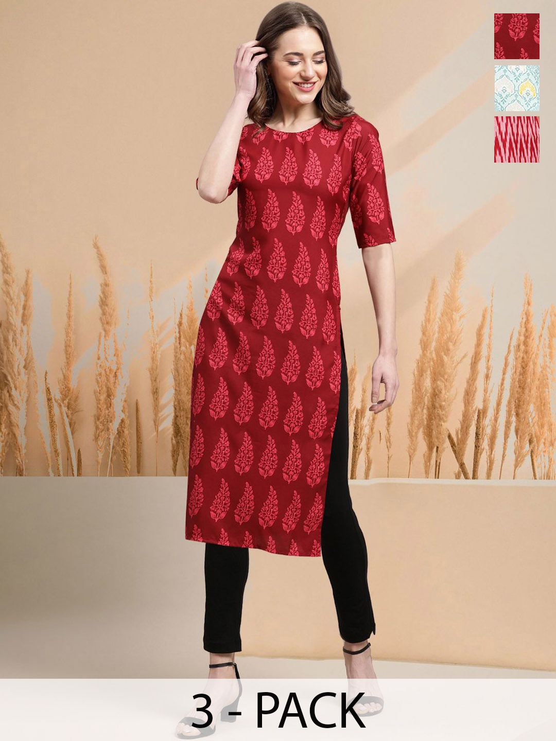 

7Threads Selection of 3 Ethnic Motifs Printed Round Neck Straight Kurtas, Red