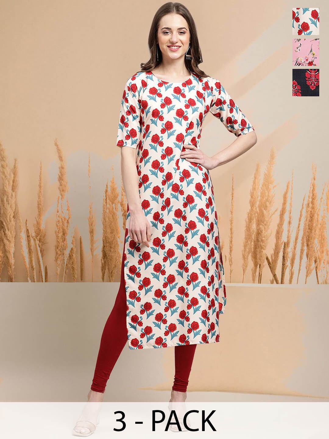 

7Threads Selection Of 3 Floral Printed Round Neck Straight Kurtas, Off white