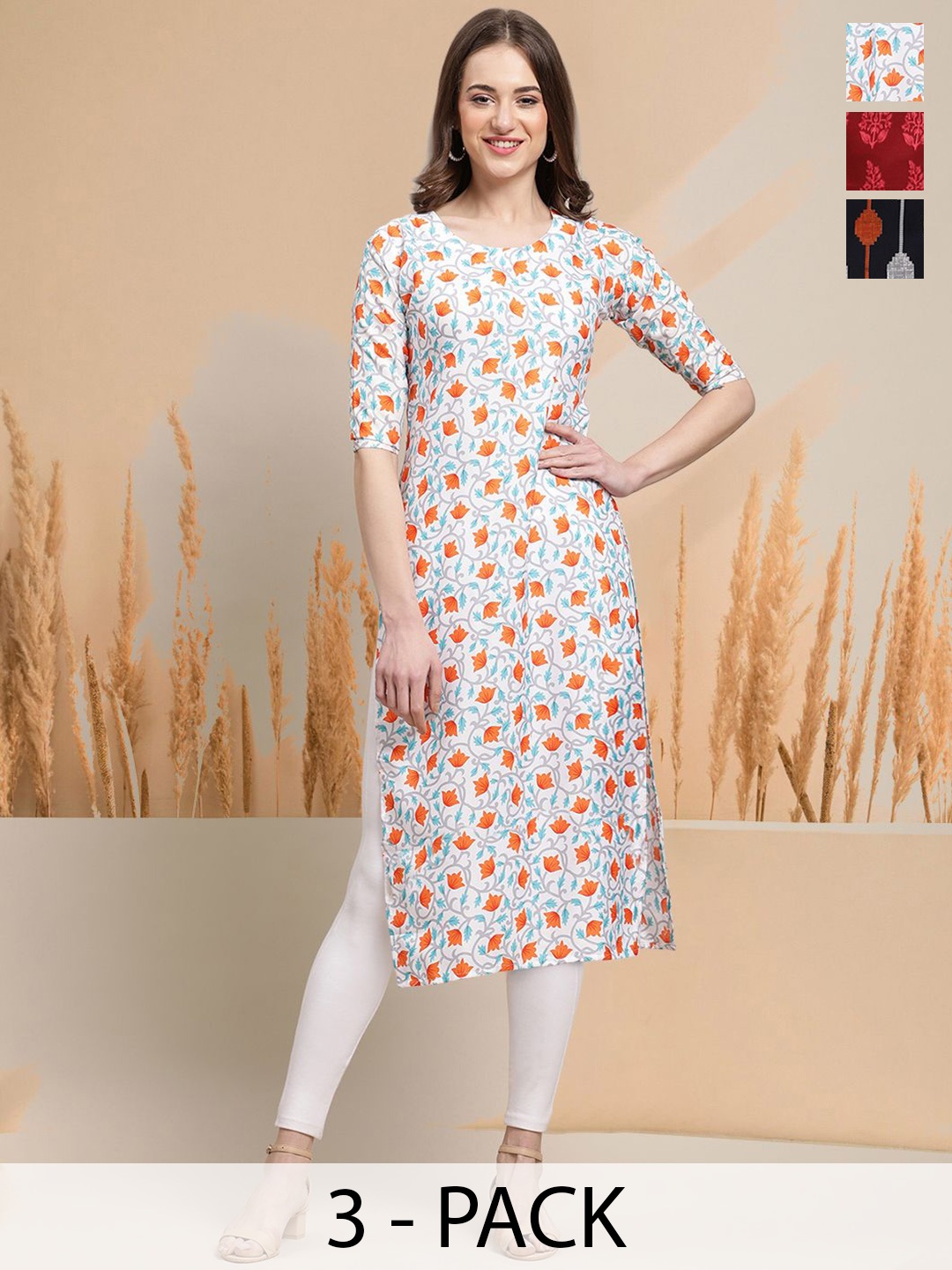 

7Threads Selection Of 3 Floral Printed Round Neck Straight Kurtas, White