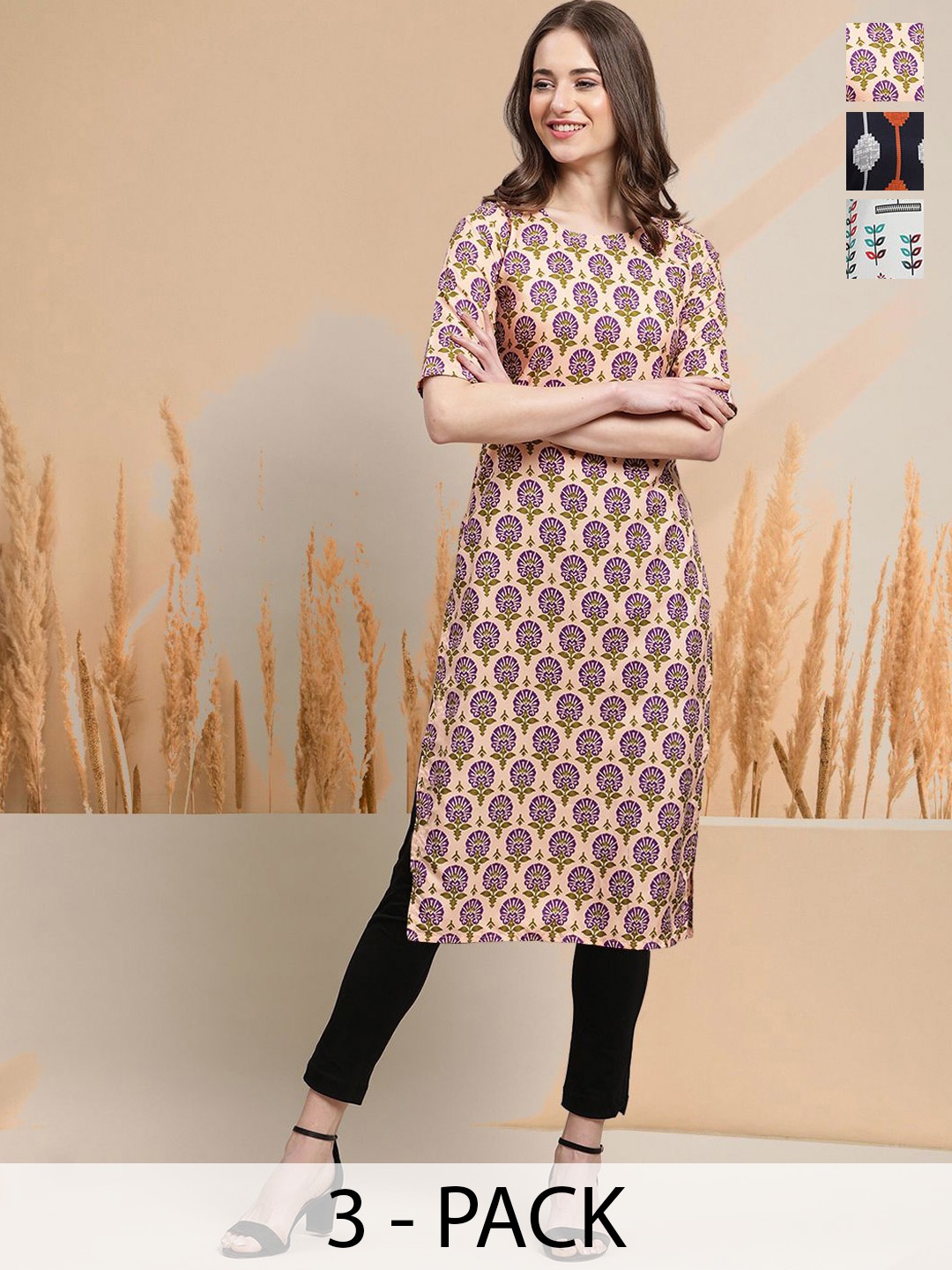 

7Threads Selection Of 3 Ethnic Motifs Printed Round Neck Straight Kurtas, Peach