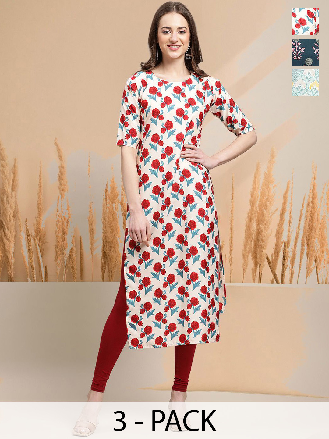 

7Threads Selection of 3 Floral Printed Round Neck Straight Kurtas, White