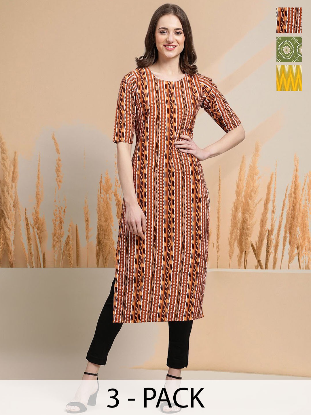 

7Threads Selection Of 3 Ethnic Motifs Printed Round Neck Straight Kurtas, Brown