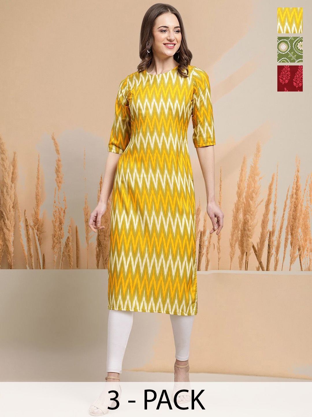 

7Threads Selection Of 3 Chevron Printed Round Neck Straight Kurtas, Yellow