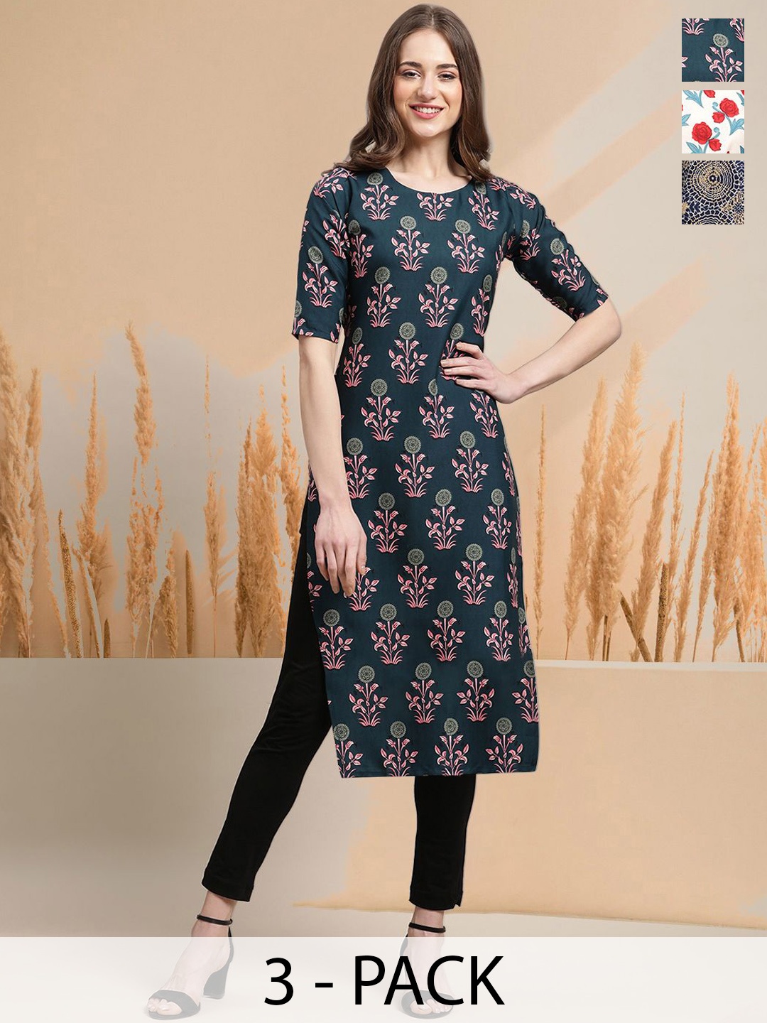 

7Threads Selection Of 3 Ethnic Motifs Printed Round Neck Kurtas, Blue