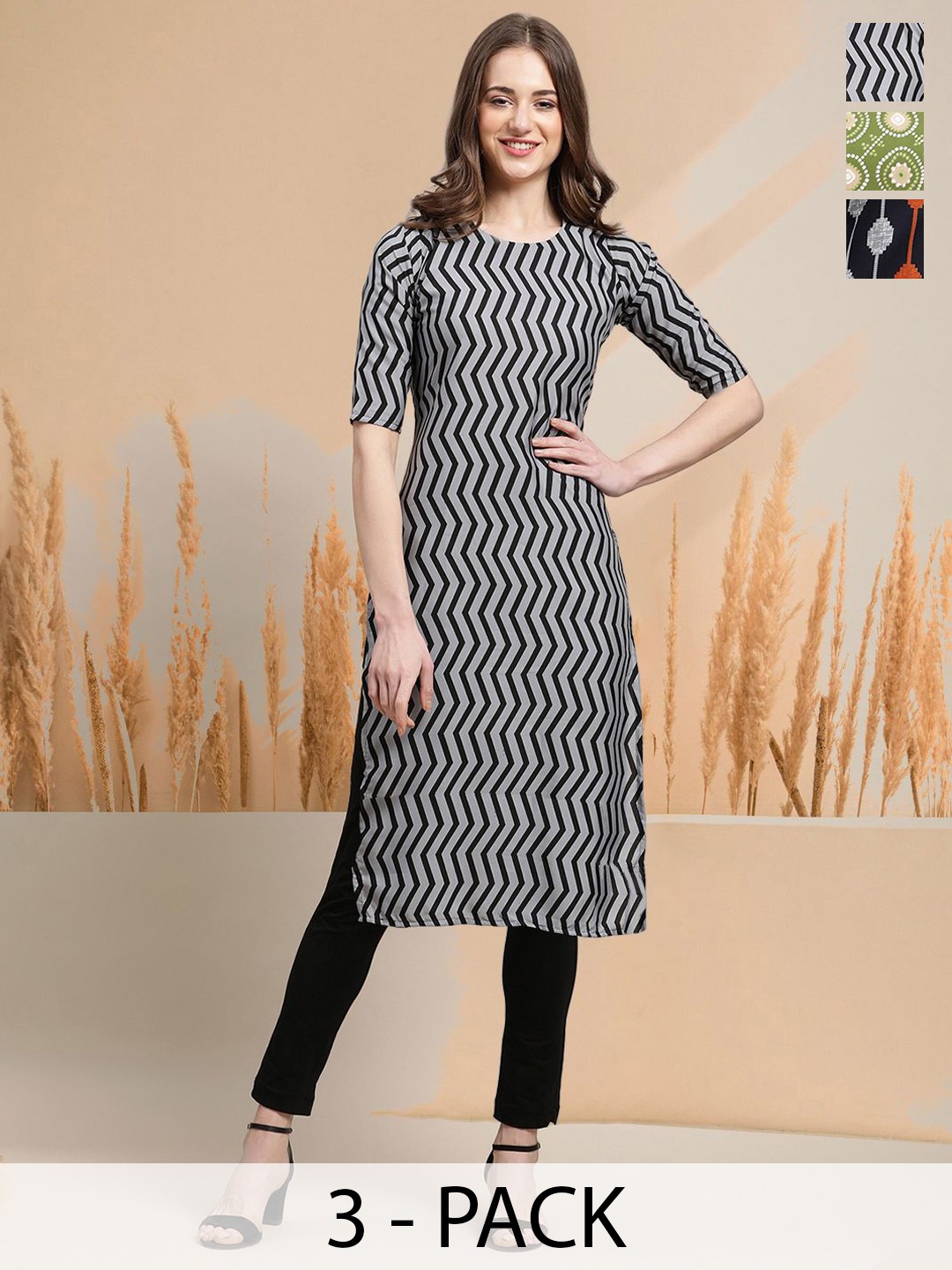 

7Threads Selection of 3 Chevron Printed Round Neck Straight Kurtas, Black