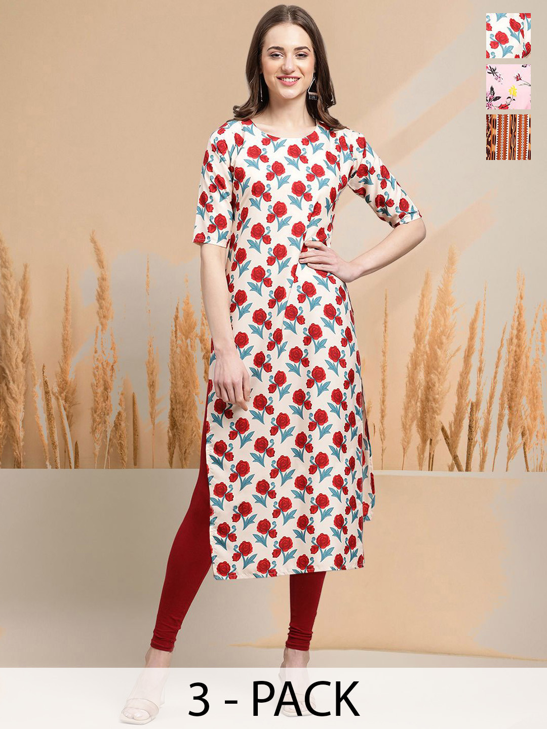 

7Threads Selection Of 3 Floral Printed Round Neck Straight Kurtas, White