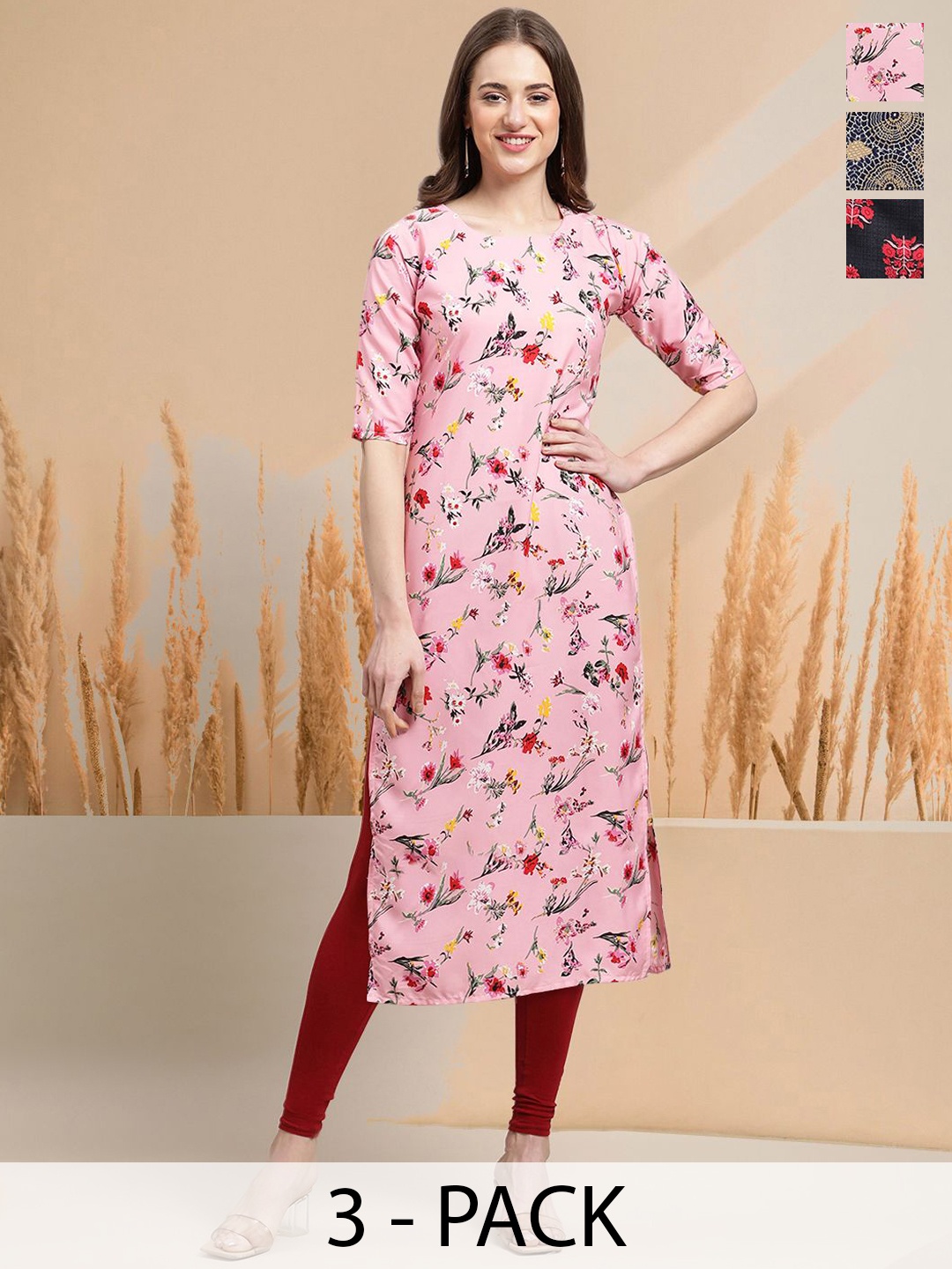 

7Threads Selection of 3 Floral Printed Round Neck Straight Kurtas, Pink
