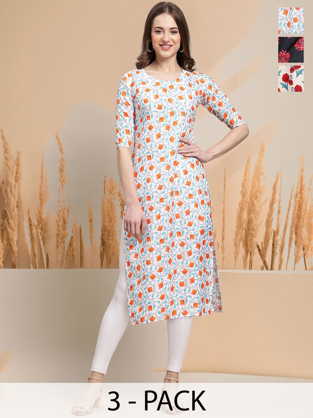 

7Threads Selection Of 3 Floral Printed Round Neck Kurtas, White