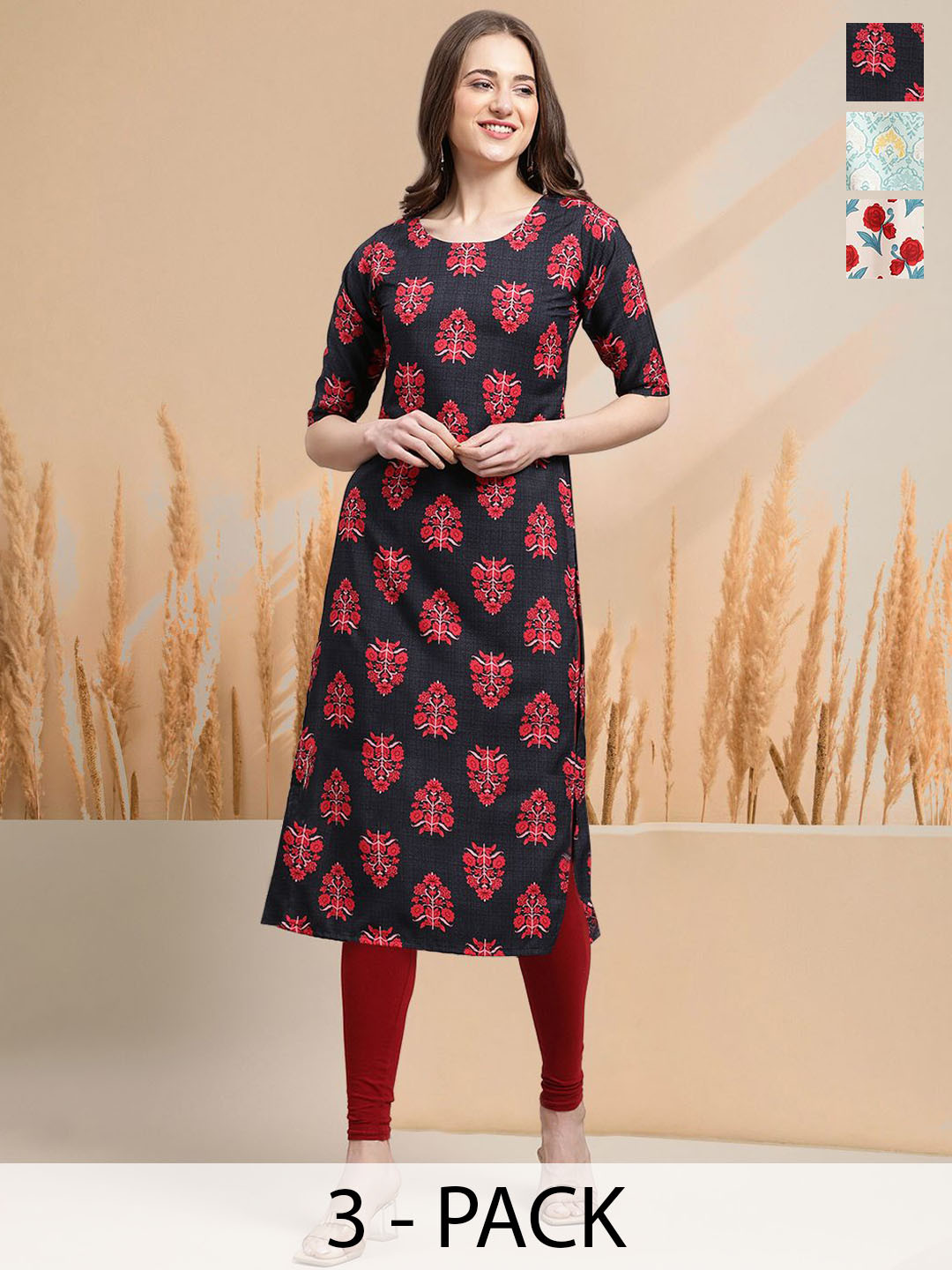 

7Threads Selection Of 3 Floral Printed Round Neck Straight Kurtas, Navy blue