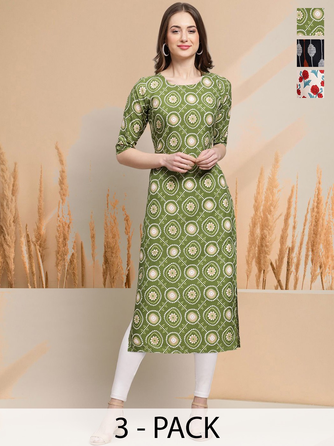 

7Threads Selection Of 3 Geometric Printed Round Neck Straight Kurtas, Green